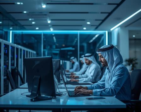 Modern IT workspace in the UAE showing technology professionals working at computers, representing Voktis mission in UAE.